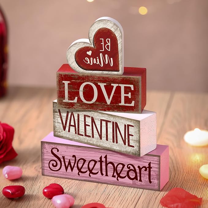 Lineshading 4 Pcs Valentine Table Decoration Wooden Be Mine Heart Decor - Image 6
