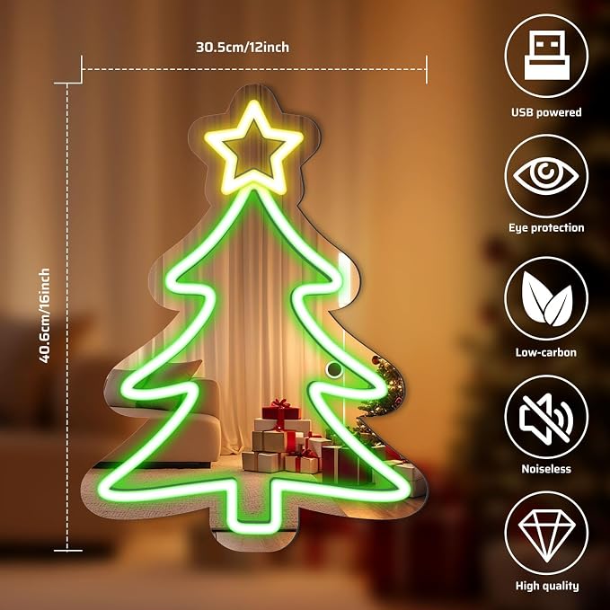 16 x 12’’ Christmas Tree Mirror Neon Sign LED, USB Powered Acrylic Neon Wall - Image 6