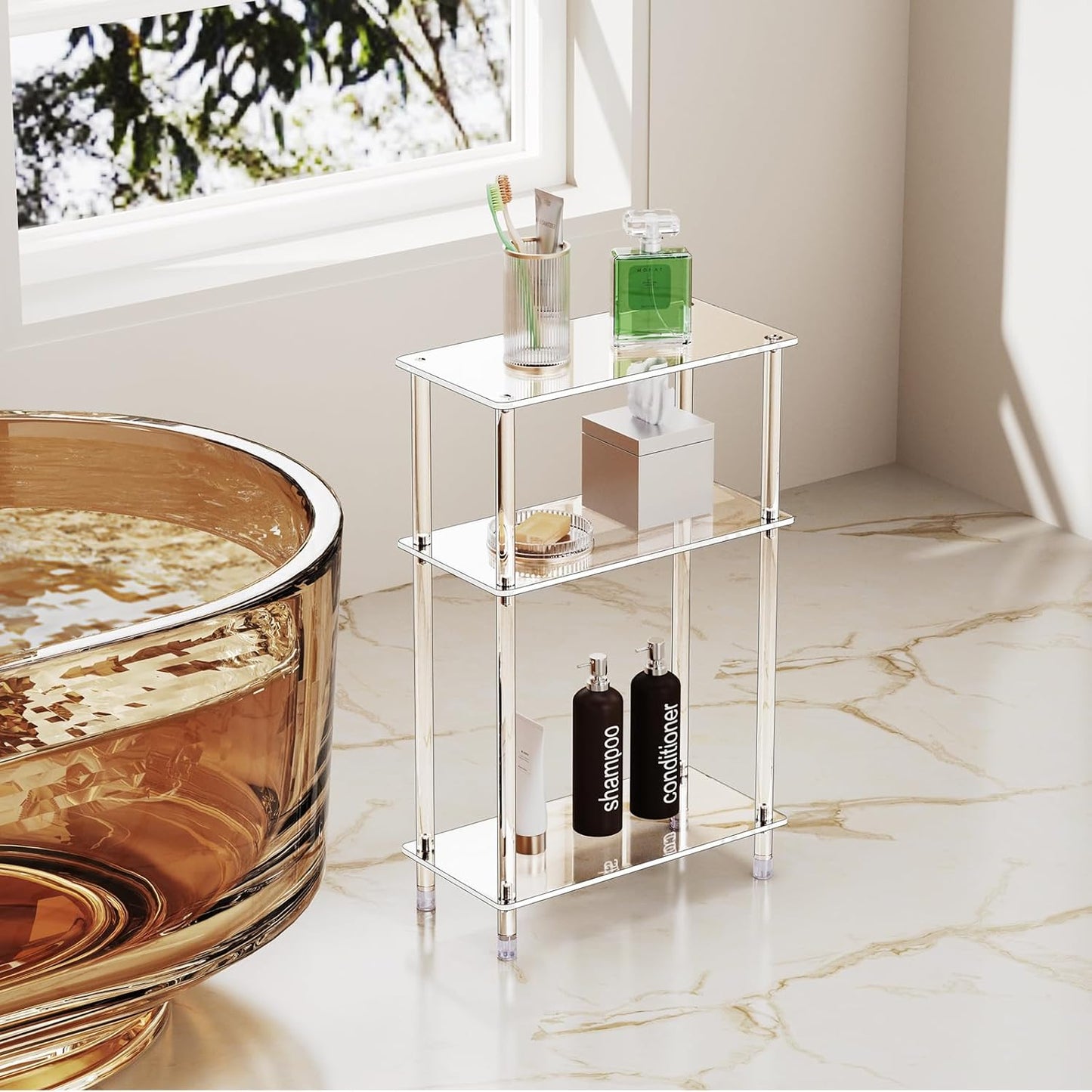 Clear Acrylic Narrow Side Table for Small Spaces, 15.7" L x 7.87" W x 24.6" H, 3 Tier Rectangle Slim End Table Nightstand, Small Skinny Bedside Table for Living Room, Bedroom, Bathroom
