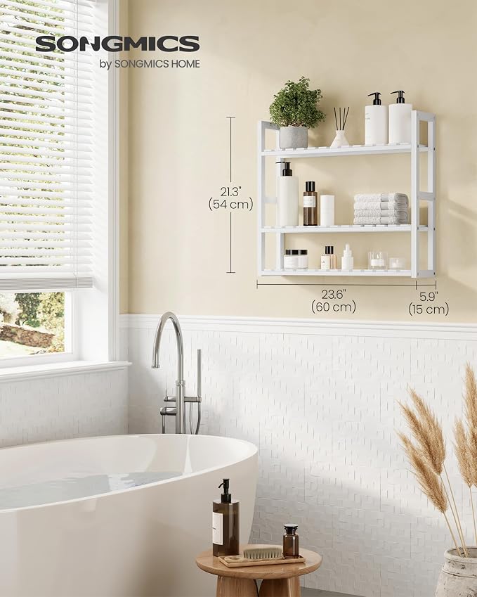 SONGMICS Bamboo Bathroom Shelf, 3-Tier Adjustable Plants Rack, Wall-Mounted or - Image 3