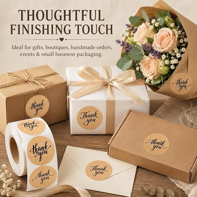 500 Thank You Stickers Roll – 1.5" Round Kraft Paper Labels - Image 6