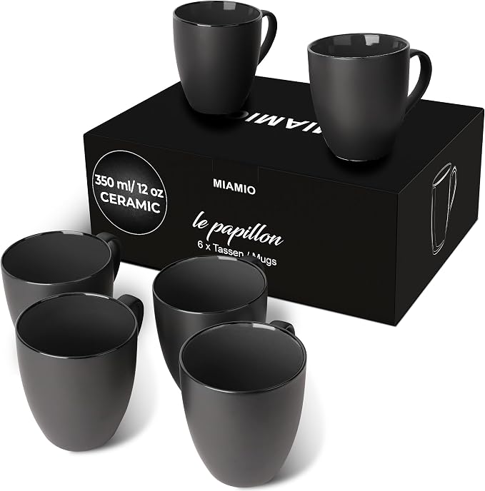 MIAMIO - Set of 6 Stoneware Coffee Mugs 12 Ounce/Cup Set - Le Papillon by MIAMIO