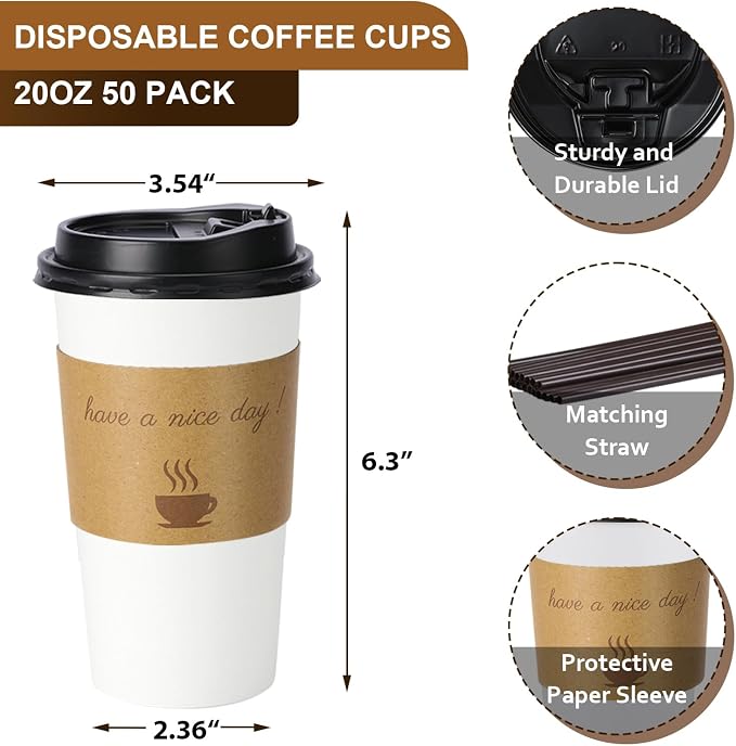BYSNOW 20 oz 50 pack Disposable Paper Coffee Cups, Paper To Go Cups - Image 2