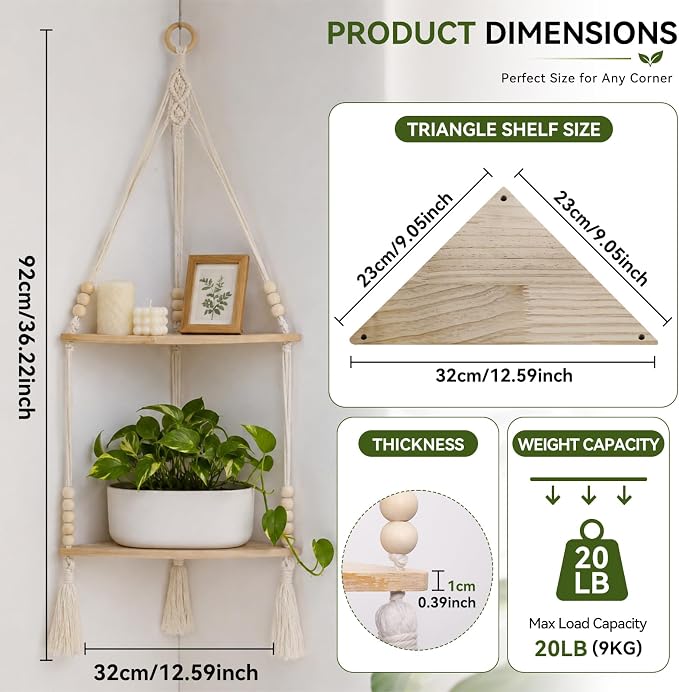 Artilady Macrame Wall Hanging Corner Shelf 2-Tier, Adjustable Boho Stable - Image 2