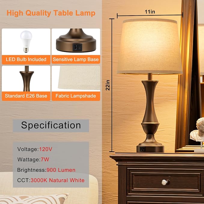 Seealle Touch Lamps for Nightstand, 3 Way Dimmable Table Lamp - Image 6