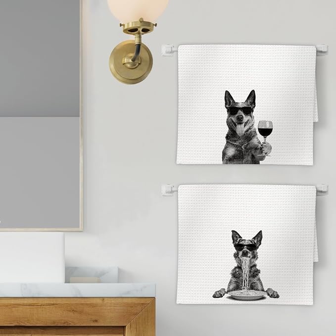 Blue Heeler Gifts Wine Kitchen Towels Set of 2, Funny Dog Eating Pasta - Image 2