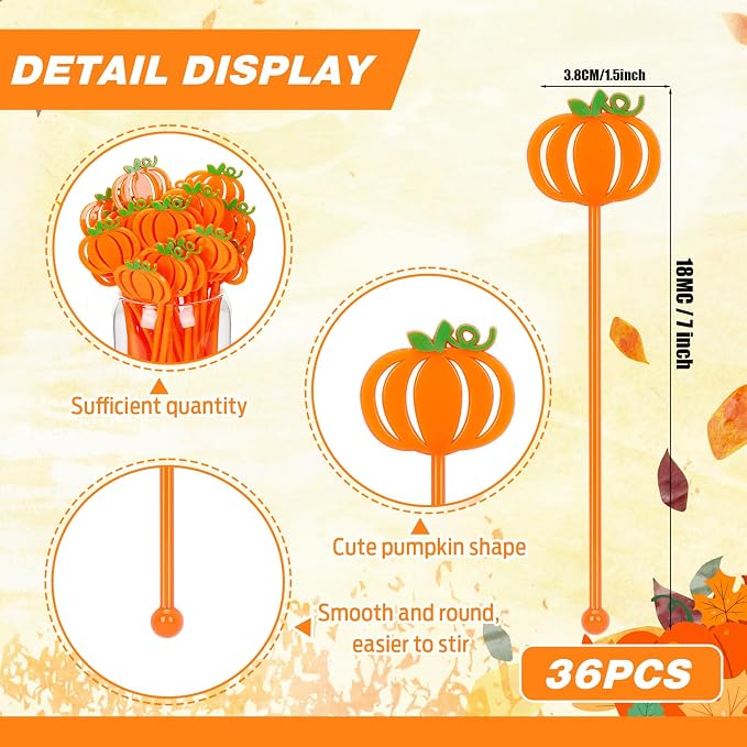 36Pcs Fall Coffee Stirrers, Cute Pumpkin Stir Sticks | Reusable Halloween Drink - Image 2