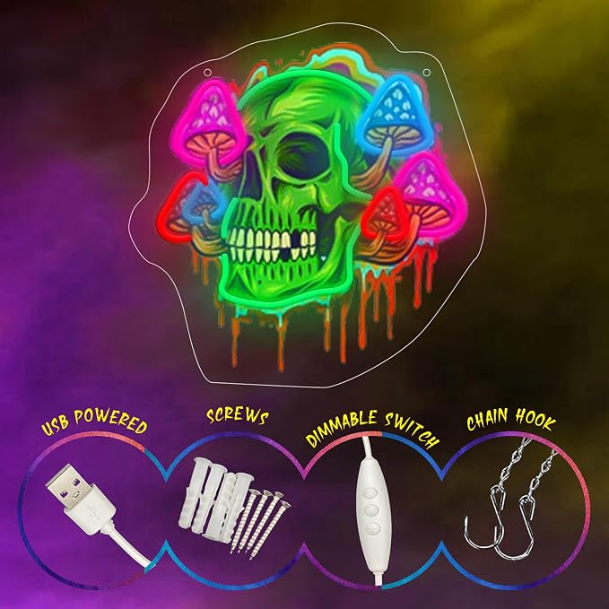 Mushroom Skull Neon Sign with Printed Backboard, LED Neon Wall Art with - Image 4