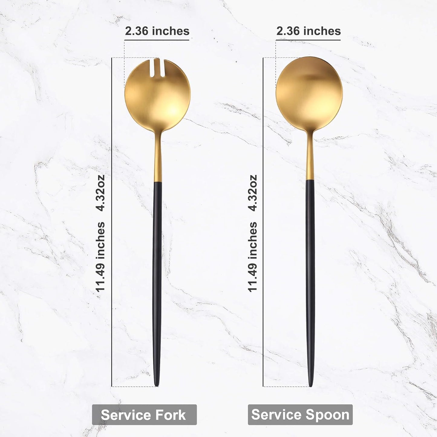 Lemeya Black Gold Salad Serving Utensils, Stainless Steel Spoons, 2Pcs Long Handle Servers 11.42 Inch, Matte Finish, Dishwasher Safe