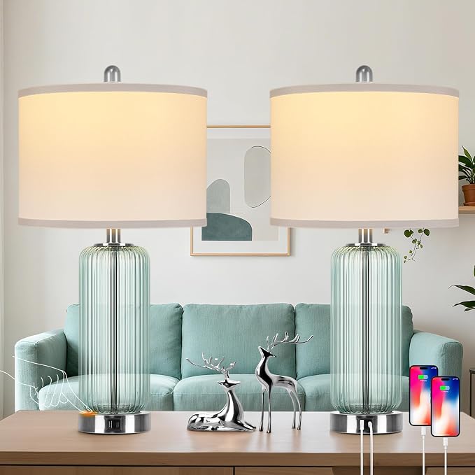 Table Lamps Set of 2 with Vertical Grained Glass, Teal Bedside Table Lamp - Image 7