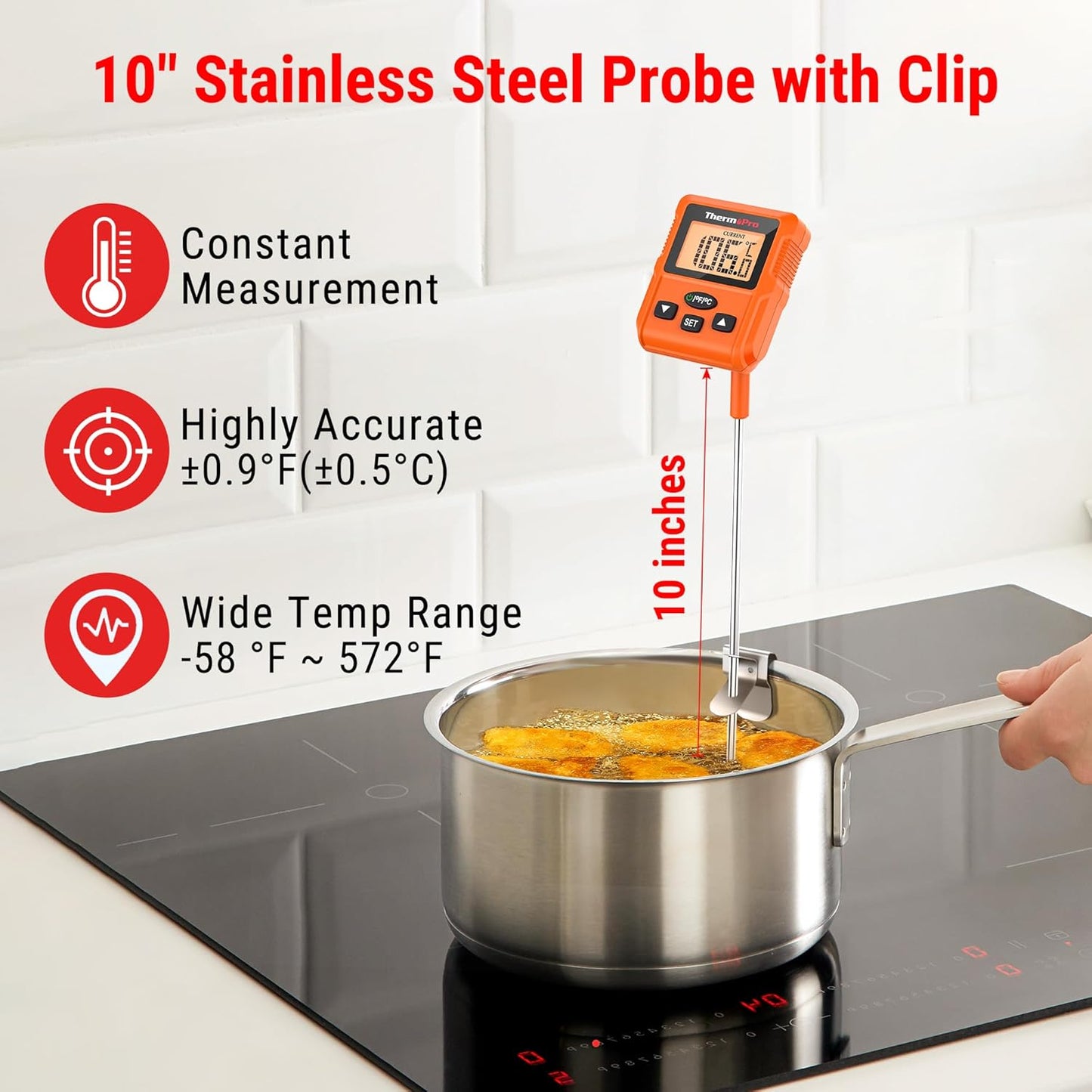 ThermoPro TP511 Digital Candy Thermometer with Pot Clip, Programmable Instant Read Food Meat Thermometer with 10'' Long Probe for Smoker Baking Grilling Candle Liquid Oil Deep Fry Thermometer