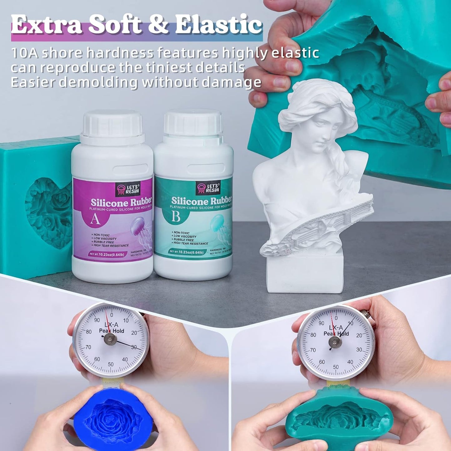 LET'S RESIN Silicone Mold Making Kit 10A,Liquid Silicone Food Grade for Mold Making, Extra Soft & Elastic Silicone Rubber, Ideal for Casting Resin Molds,3D Silicone Molds, Silicone Inlay (20.46oz)