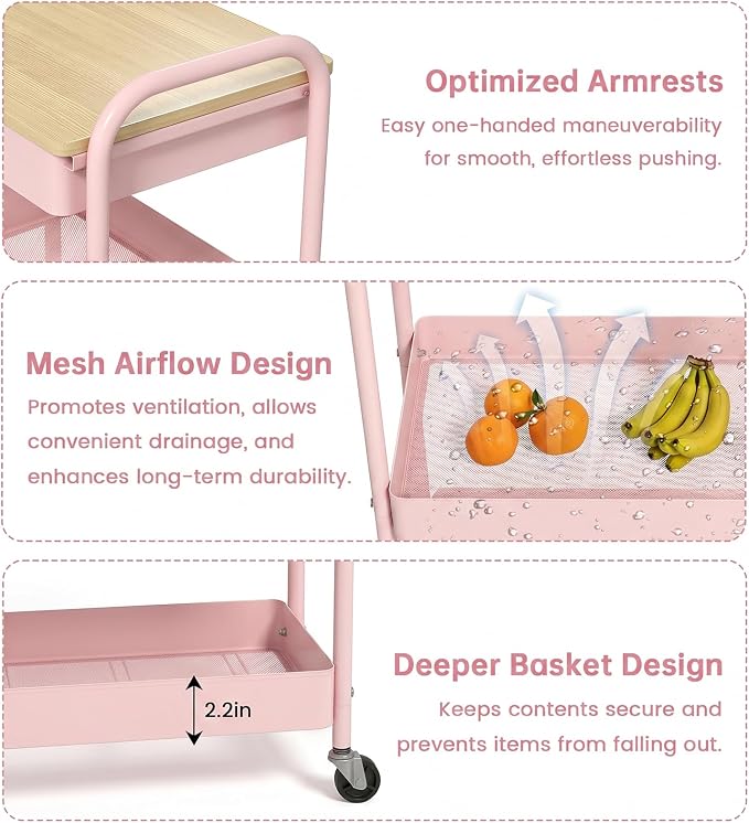 danpinera Rolling Cart with Drawers, Storage Cartwith Locked Wheels, Hooks & - Image 4