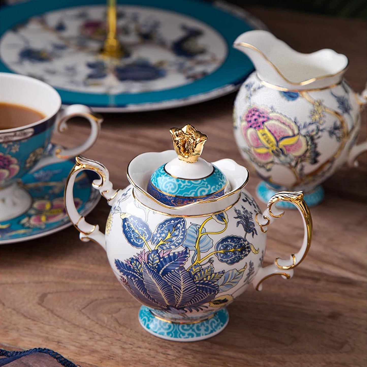 ACMLIFE Tea Sets for Adults for 6, Blue Tea Set with Cups, Fine Bone China 24K Gold, Tea Pot and Cups Set, Vintage British English Porcelain Afternoon Service Sets for Women Tea Party for Luxury Gift
