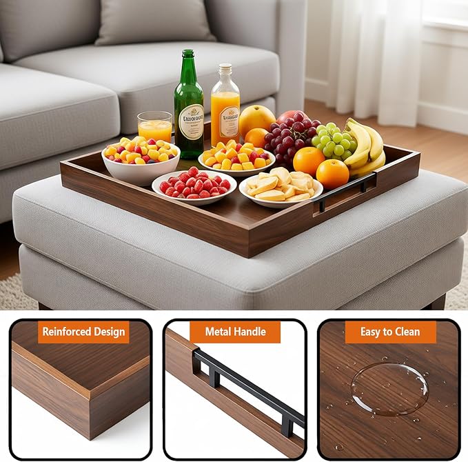 20 Inch Large Square Ottoman Tray, Premium Acacia Wooden Serving Tray - Image 4