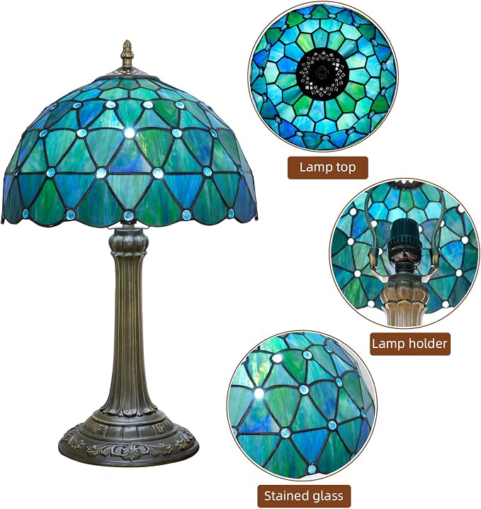 Tiffany Lamp Stained Glass Table Lamp 12X12X18 Inches Sea Blue Style Living - Image 2