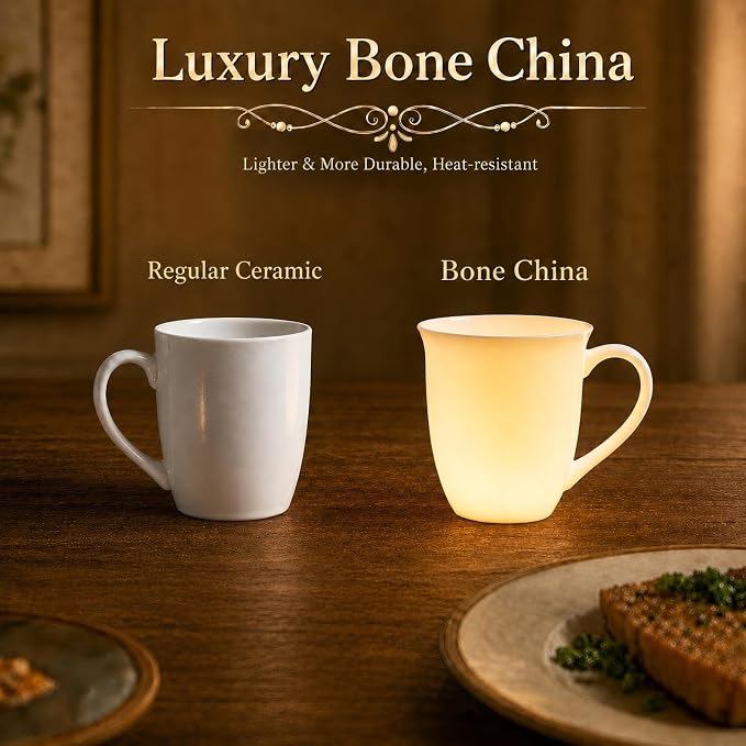 Fine Bone China Coffee Mugs Set of 4, 13 Oz White Tea Cups - Image 3