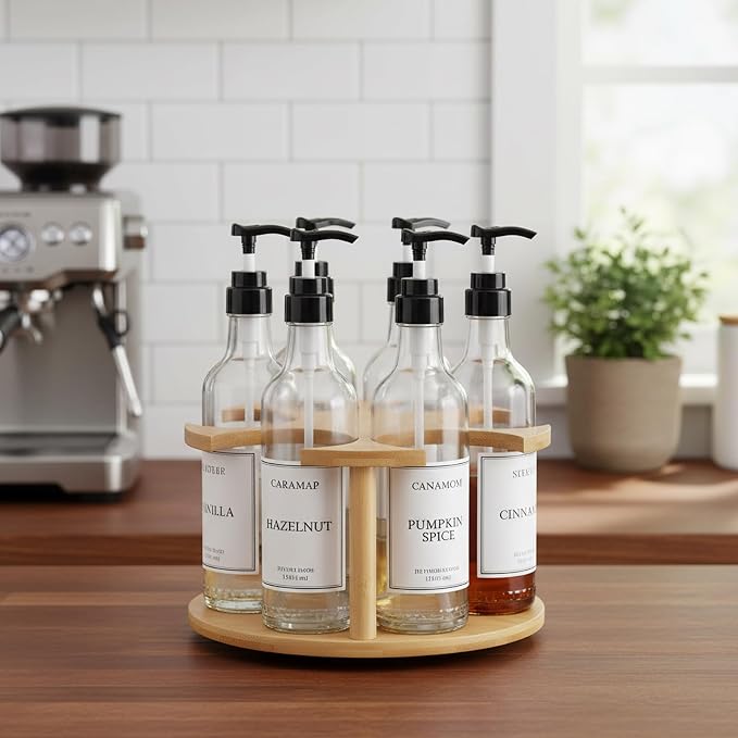 Rotating Coffee Syrup Organizer, 6 Bottles Wood Syrup Holder, Syrups Bottle - Image 6