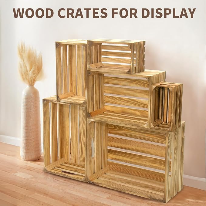 Wooden Crates for Display 6 Pack Large Rustic Nesting Wooden Basket - Image 4