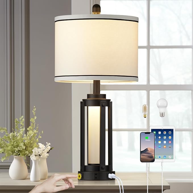 26" Modern Table Lamp with USB A+C Charging Ports & AC Outlet, Industrial by Lolikit