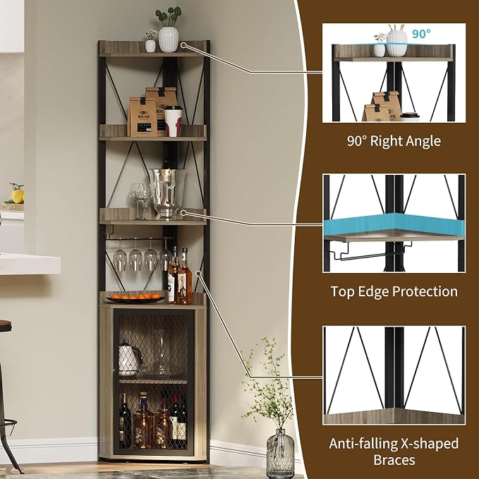Space-Saving Industrial Corner Bar Cabinet, 4-Tier Freestanding Wine Rack - Image 5