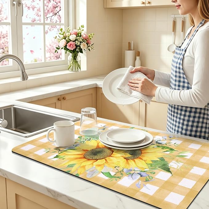 LOKHOM Dish Drying Mat for Kitchen Counter, Vintage Floral Dish Drainer Rack - Image 4