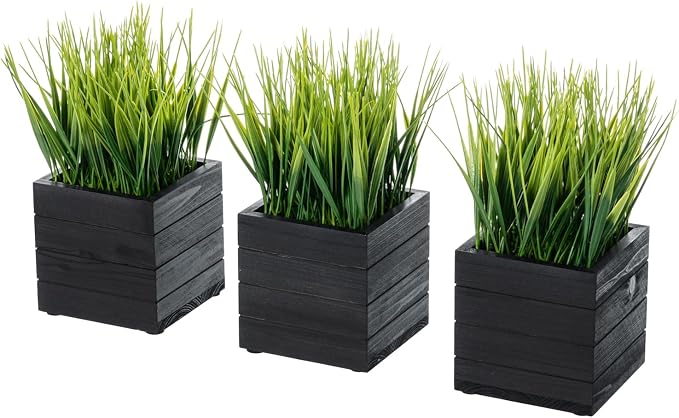 MyGift Artificial Green Grass Plants in Vintage Black Wood 4 Inch Planter Boxes by MyGiftHome