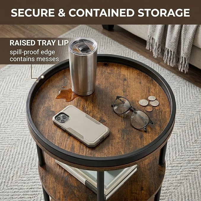 Small Round Side Table with Tray Top, 11.8" Narrow End Table - Image 6