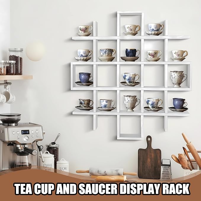 Suzile Oversize Tea Cups and Saucers Shelf Rustic Wooden Coffee Display Shelves - Image 3