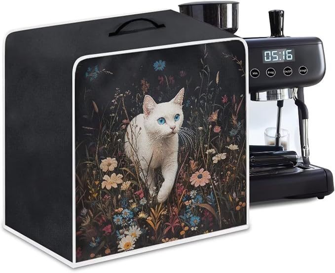 White Cat Flower Coffee Machine Covers by Kathyboom