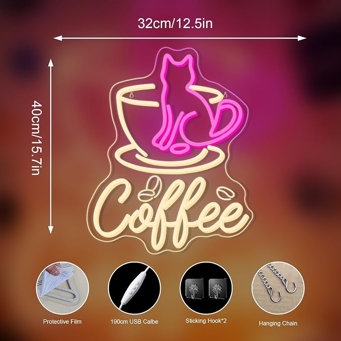 Cat Cafe Neon Sign Coffee Bar Sign Pink Cat Neon Light Cafe LED Light - Image 3