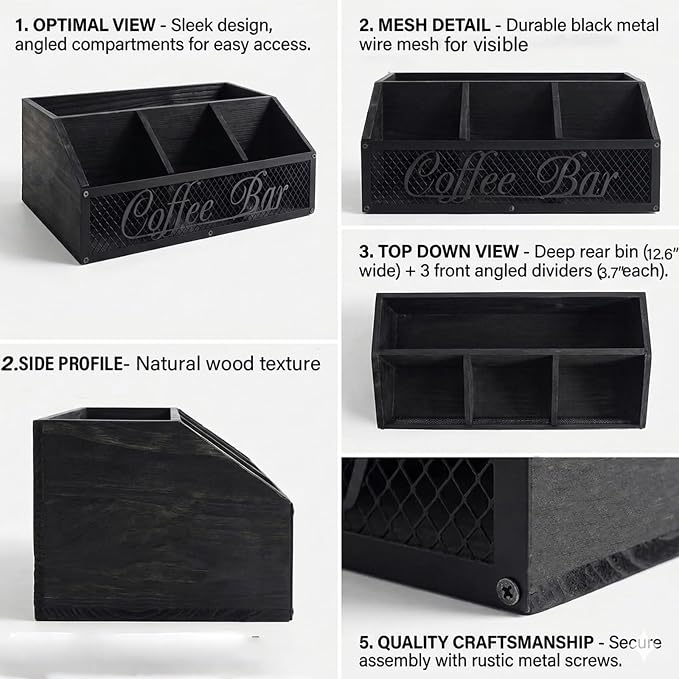Coffee Station Organizer, Rustic Farmhouse Wood Condiment Storage Basket - Image 3