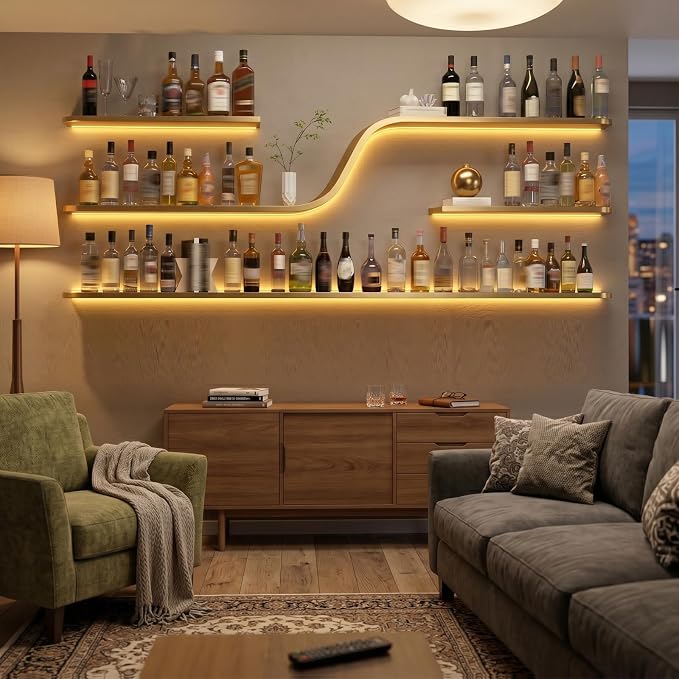 Wall Mounted Wine Rack with LED Lights, Modern Curved Design Floating Bar - Image 7