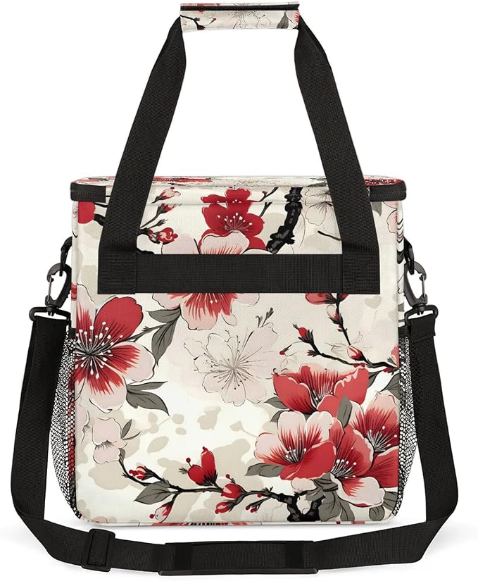 Cherry Blossom Red Pink Floral Coffee Maker Carring Bag, Large Insulated - Image 5
