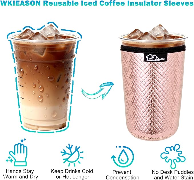 WKIEASON Reusable Iced Coffee Sleeves 16-32OZ PU Leather Neoprene Coffee Cup - Image 3