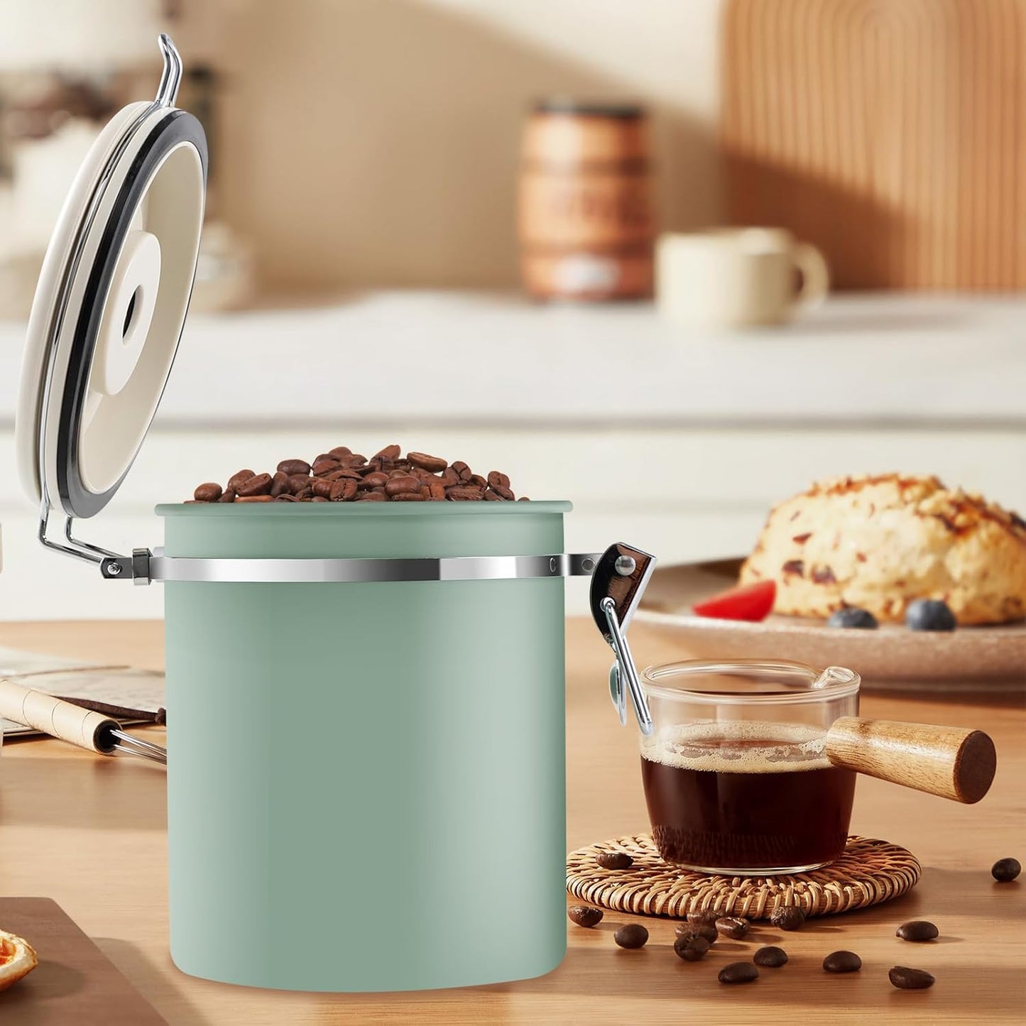 3Pcs Coffee Storage Canister 1.5L Double Airtight Coffee Beans Container with Date Locator 304 Stainless Steel Kitchen Food Storage Container with Spoon for Coffee Beans Grounds Tea,Green Sugar,Green