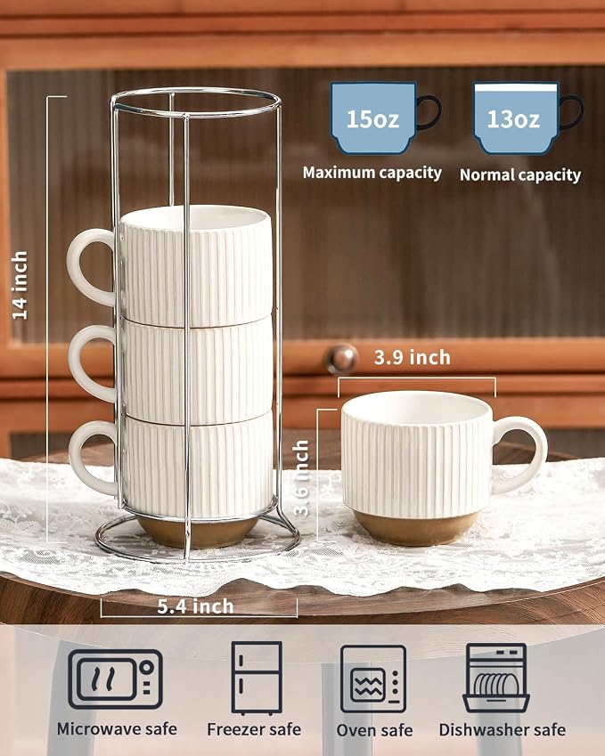 Ceramic Coffee Mugs with Stand, 15 Oz Stackable Coffee Cups Set of 4 - Image 3