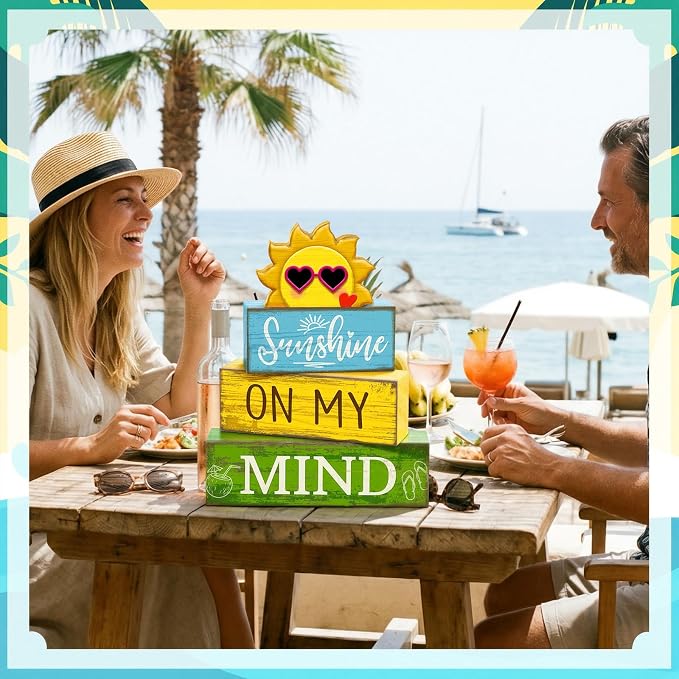Lineshading 4 Pcs Summer Table Decor Wooden Sunshine Beach Tiered Tray Decor - Image 2