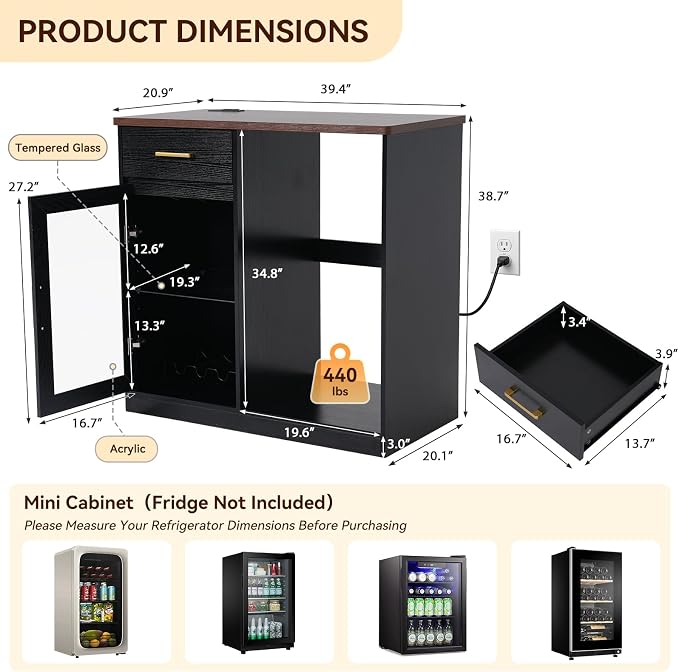 Verano Garden Coffee Bar with Mini Fridge Space, Liquor Cabinet with LED Light - Image 2
