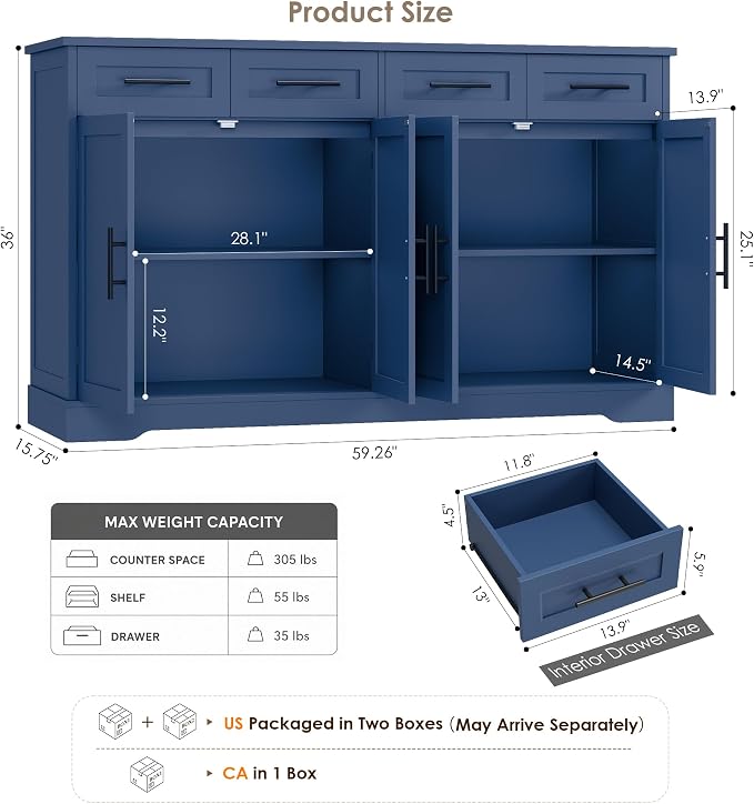 HOSTACK 60" Large Buffet Sideboard - Image 2