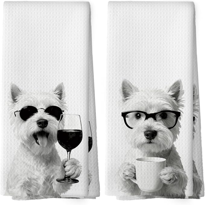 Funny West Highland Kitchen Towels Set of 2, Funny Dog Kitchen Accessories by Mcehtle