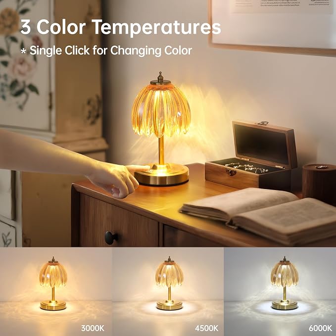 Shenmoyl Tulip Small Table Lamp, 5200mAh Cordless Touch Control Mini Table Lamp - Image 4