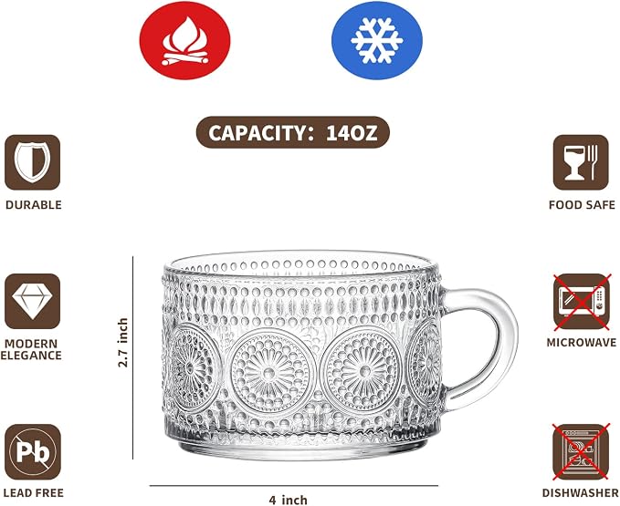 Gezzeny Vintage Glass Coffee Mugs 14 Oz Set of 2 Clear Embossed Tea Cups - Image 6