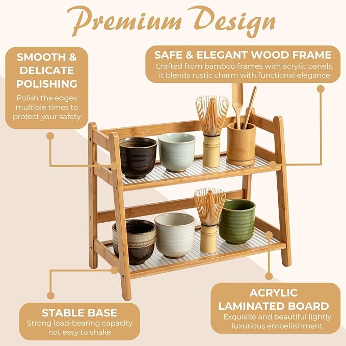 Atarvana 2-Tier Matcha Station Organizer, Bamboo Matcha Stand Shelf - Image 3
