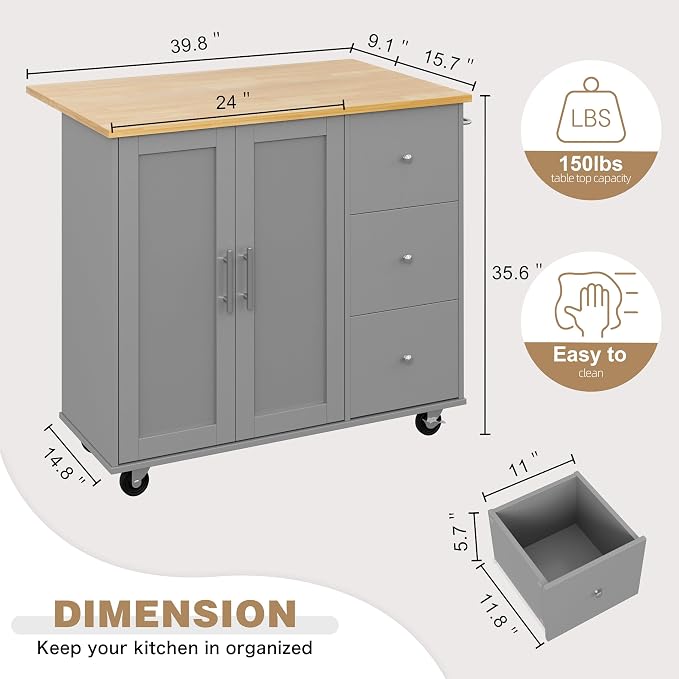 Shintenchi Kitchen Island with Folding Drop Leaf, Rolling Island Table with - Image 3