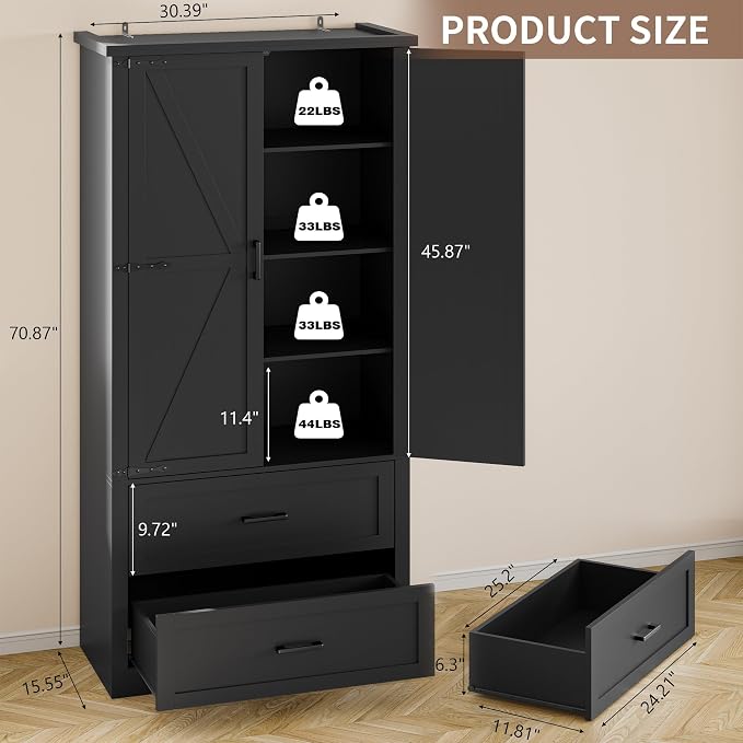 BORNOON Pantry Organizers and Storage Cabinet, 71” Barn Door White Kitchen - Image 2