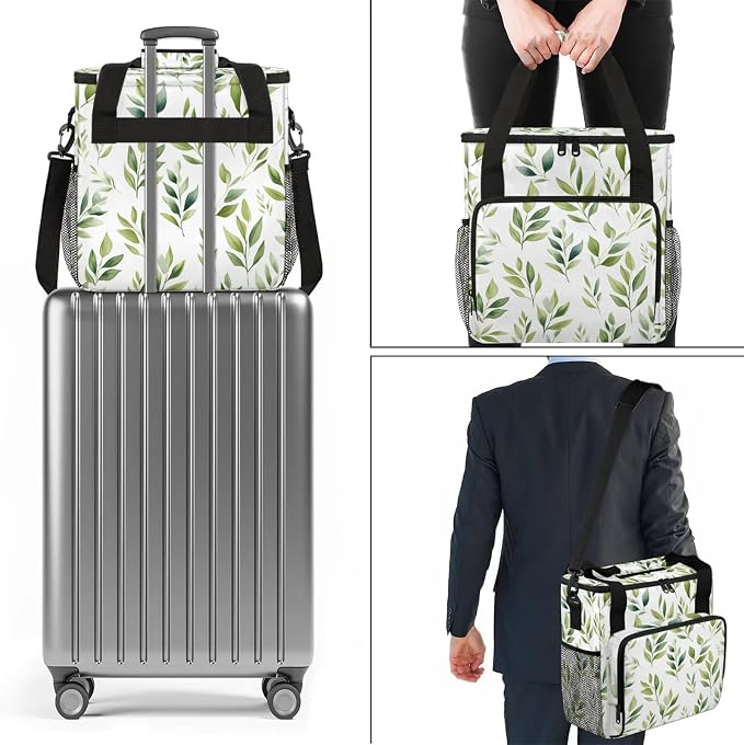 Green Leaves Coffee Maker Carring Bag, Large Insulated Storage Organizer Case - Image 7