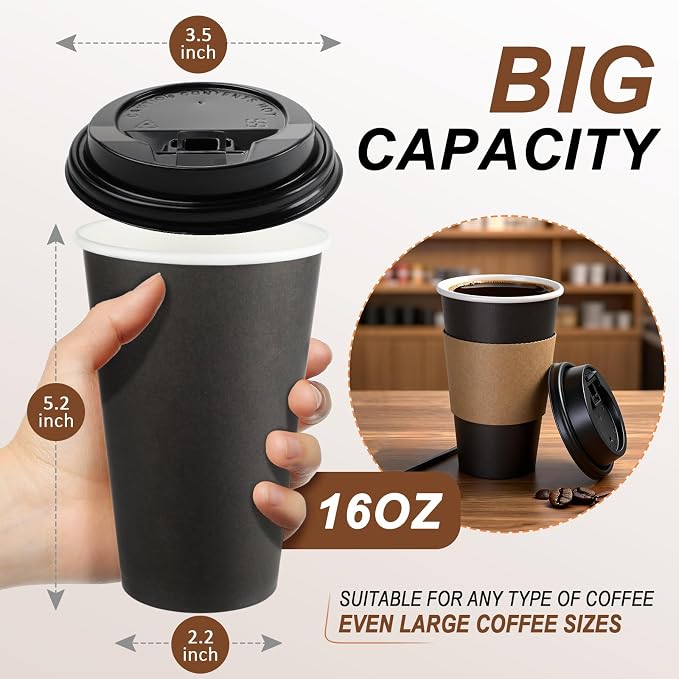 RAZCC 120 Pack 16 oz Paper Coffee Cups Set, Disposable Black Coffee Cups - Image 2