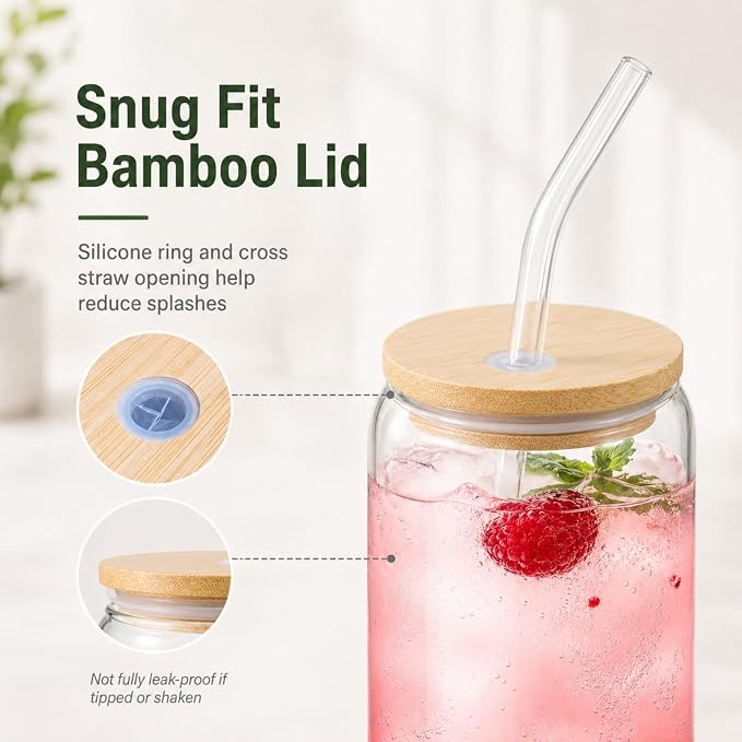 Glass Cups with Lids and Straws 1 Pack, 16 oz Glass Coffee Cup with Bamboo Lid - Image 3