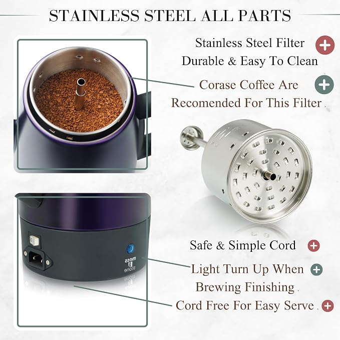 Moss & Stone 10 Cup Purpale Percolator Coffee Pot Electric, Stainless Steel - Image 2